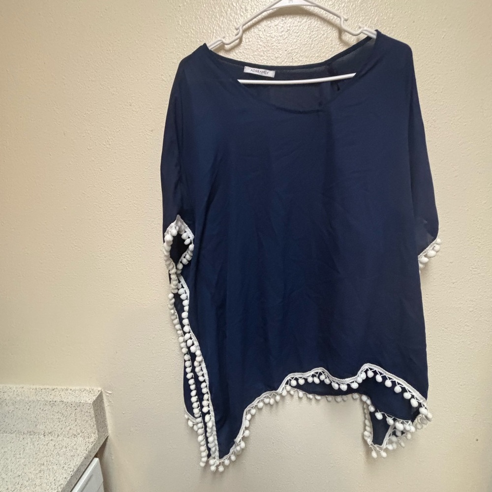 Navy Blue Pom-Pom Trim Top
